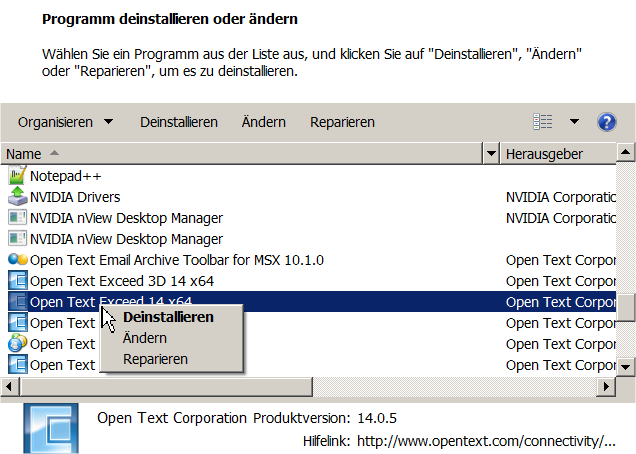 Deinstallation ber Systemsteuerung